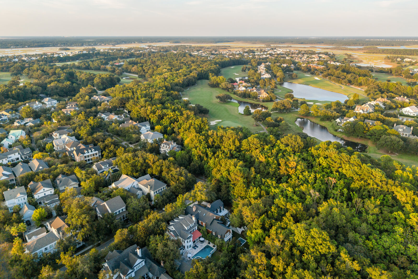 Golden-hour Lowcountry aerial